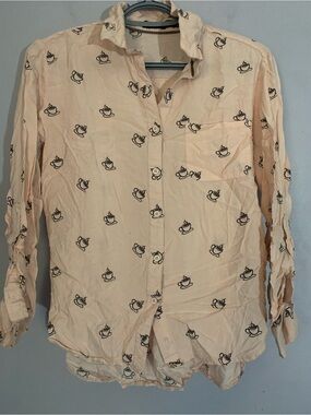 Max Jeans Blush Pink Coffee Print Button Up Blouse Size Small